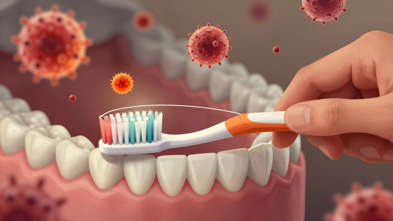 Ruka drží měkký štětec a nit, kolem zubů se vznášejí bakterie a plak.
