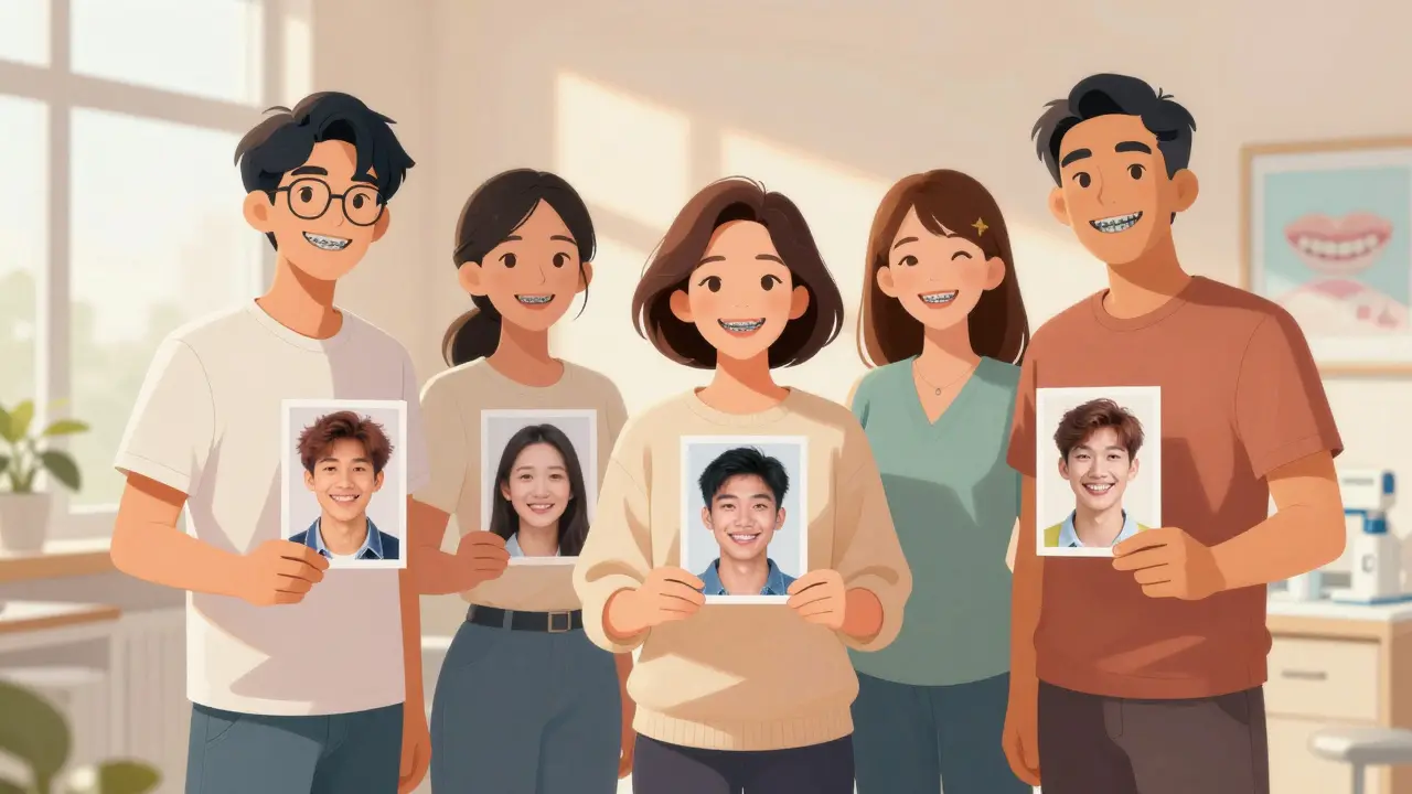 Různé věkové skupiny s různými typy rovnátek stojí spolu v čekárně ortodonta.