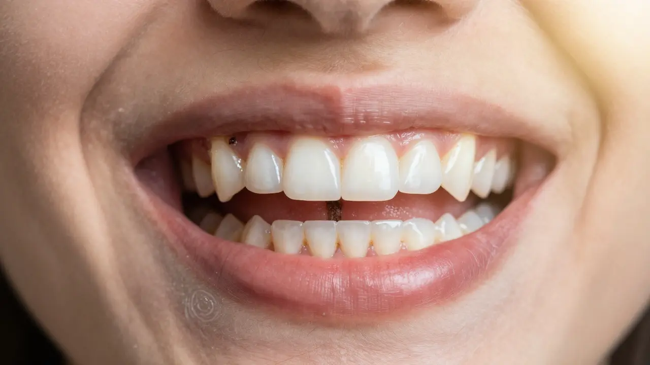 Split smile showing transformation from tartar-covered teeth to clean, shiny enamel.