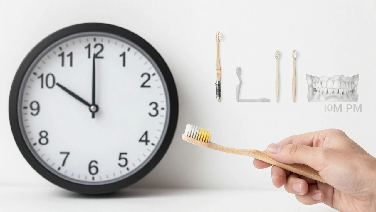 Symbolická scéna s kartáčkem a hodinami reprezentující dlouhodobou péči o implantát.