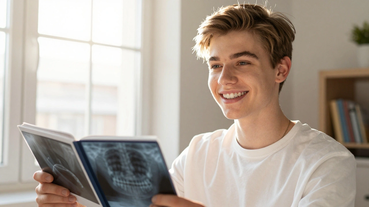 Teenager s úsměvem ukazuje před a po fotografii své ortodontické léčby.