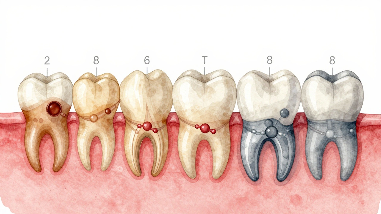 Vývoj zubů v dětství s vloženými molekulami tetracyklinu ve zubní tkáni.