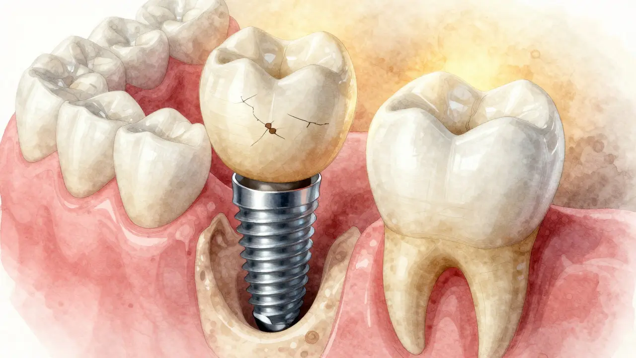 Worn ceramic crown on implant next to a new pristine crown, symbolizing replacement.
