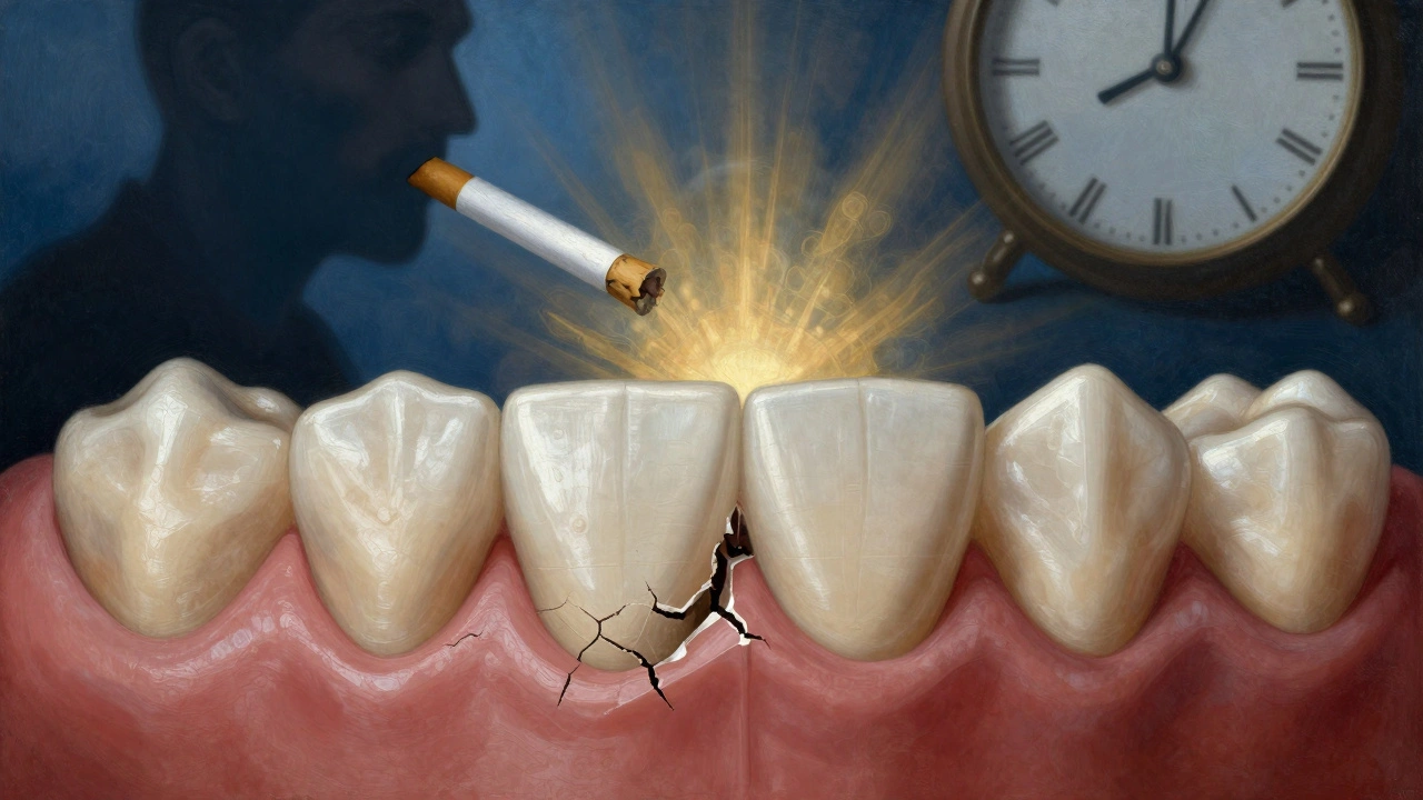 Zdravé dásně se obnovují nad poškozenou kostí, zatímco v pozadí se objevují znaky zanedbání.