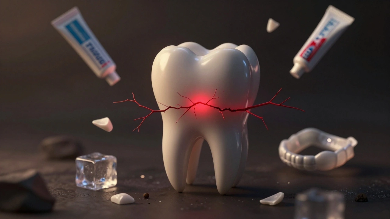 Zlomený zub s červenou trhlinou a symbolické prvky kolem něj.