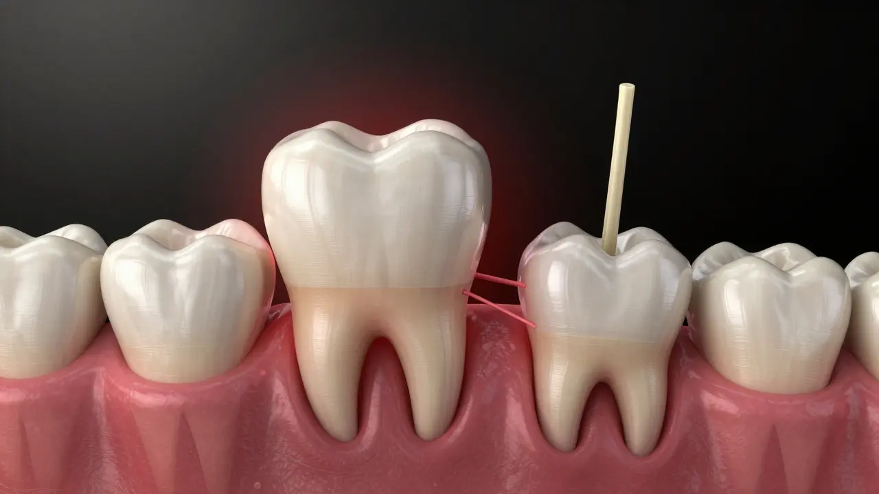 Zub moudrosti rostoucí pod úhlem pod dásní, s viditelným zánětem a kostí kolem.