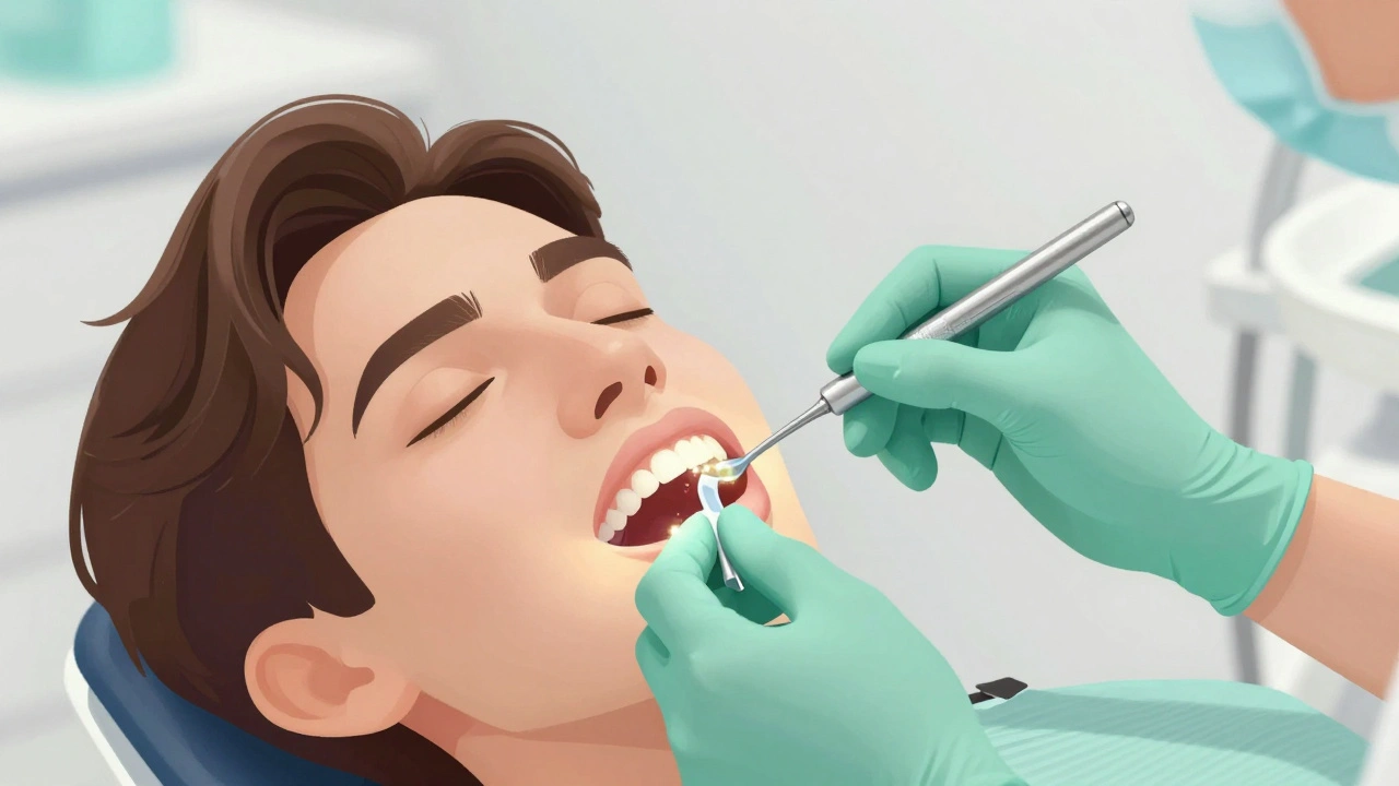 Zubař aplikuje fluoridový gel po bělení zubů.