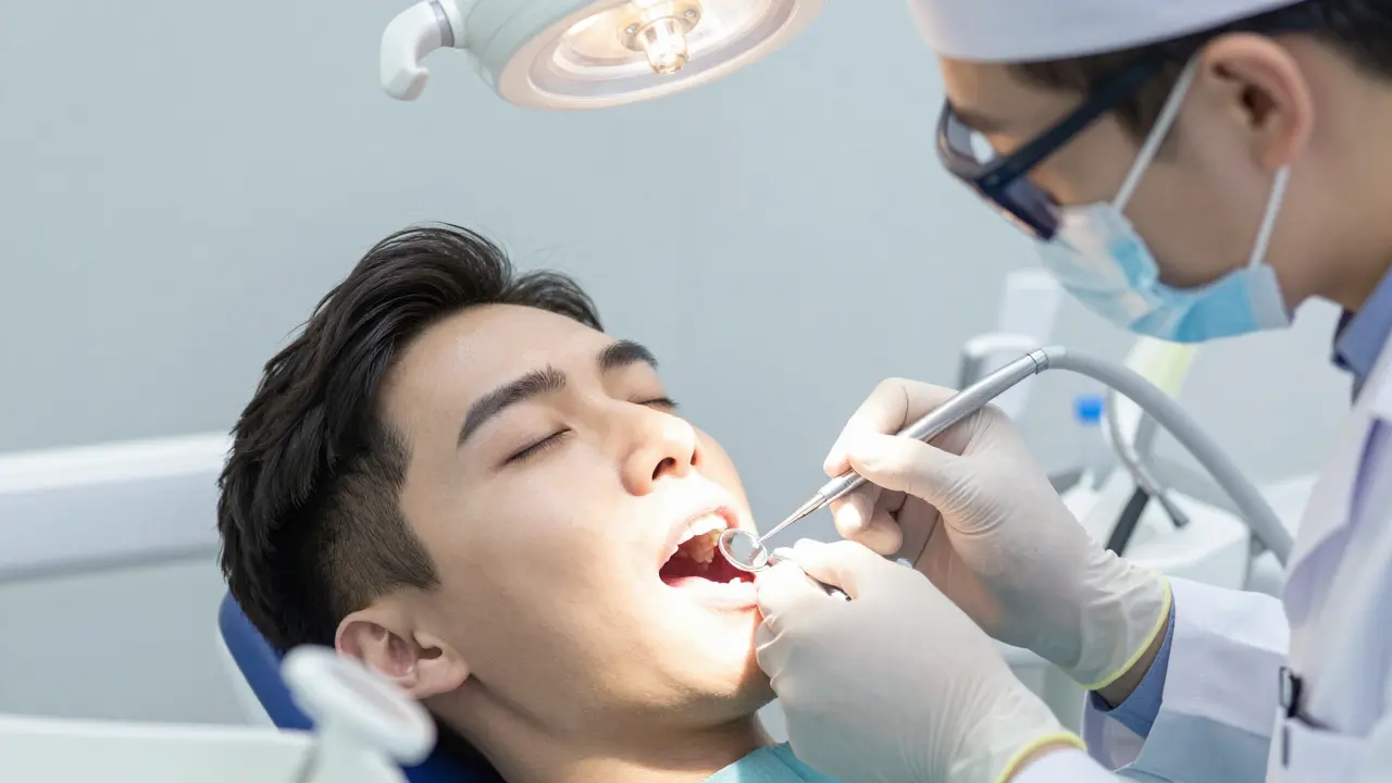 Zubař jemně brousí povrch zubu během neinvazivní procedury.