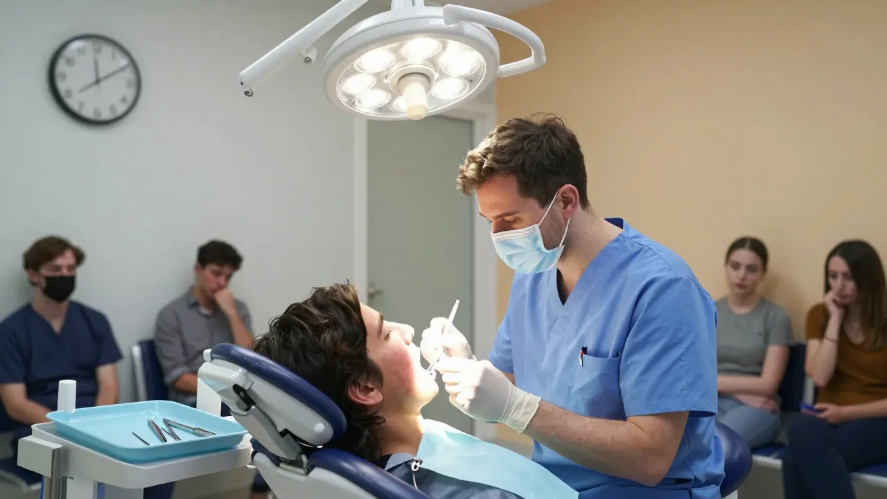 Zubní lékař léčí pacienta s otokem tváře v 24h zubní pohotovosti v Praze, v pozadí hodiny ukazují 2:17.