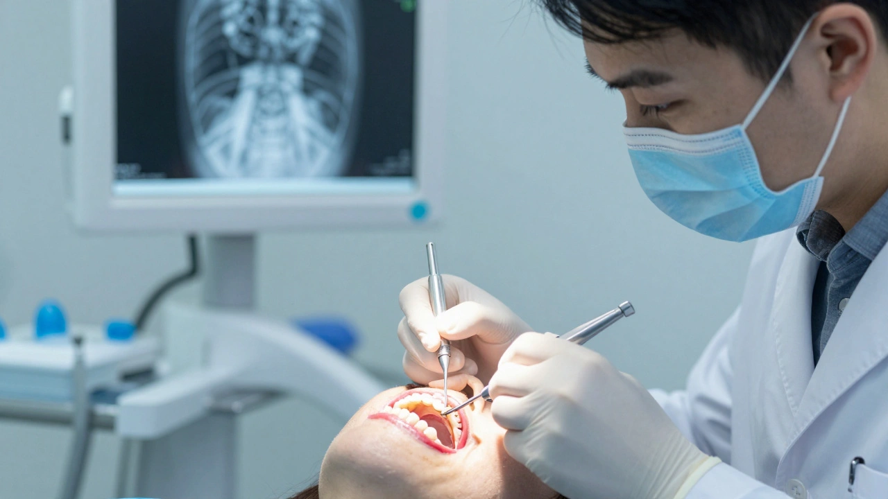 Zubní lékař znovu nasazuje zub do čelisti pomocí drátu.