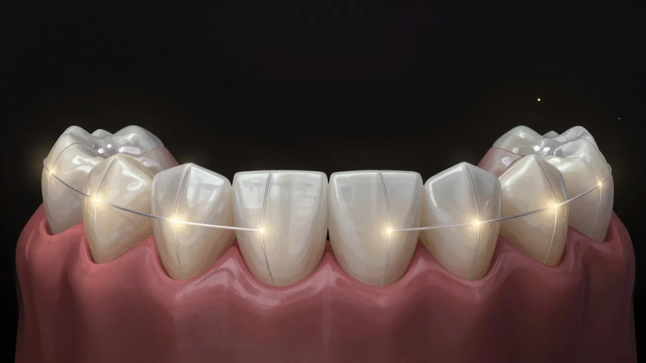 Zuby se postupně vyrovnávají, drženy jemnými průhlednými dráty světla jako symbol trvalého zdraví.