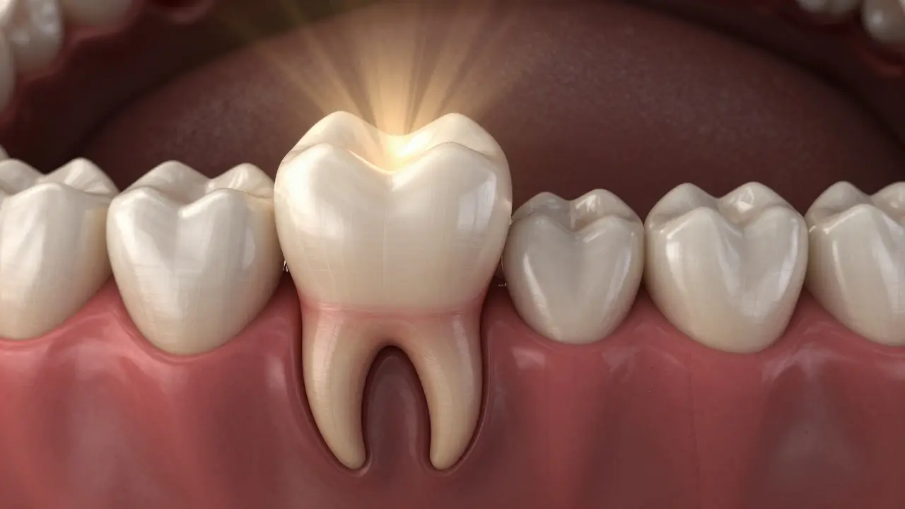 Abstraktní znázornění hojení dásně kolem kořene zubu s jemným zlatým světlem.