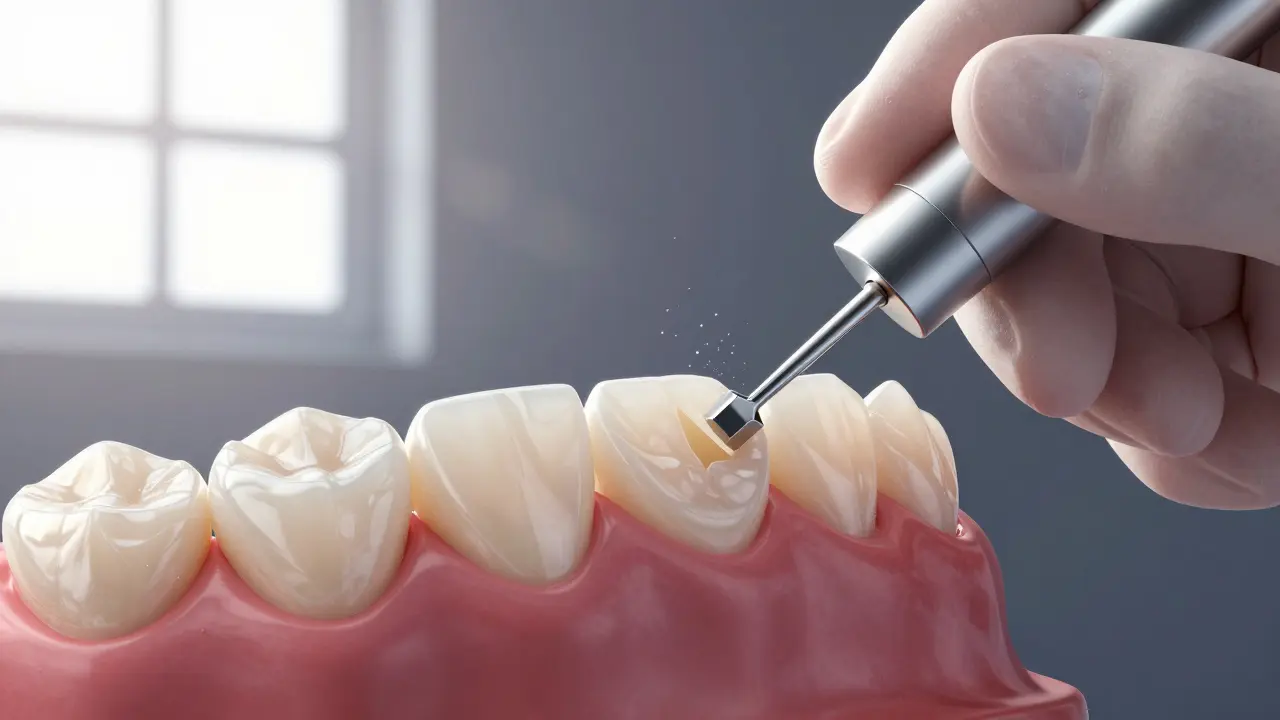 Close-up of ceramic veneers being bonded to teeth with curing light in natural sunlight.