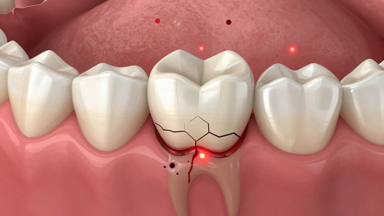 Cross-section of a tooth showing ceramic crown and underlying decay.