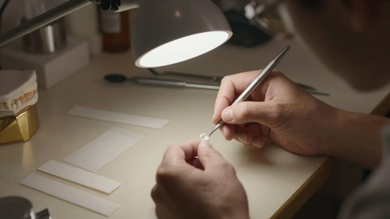 Dentální technik ručně vyrábí tenké keramické fazety pod lůžkem.