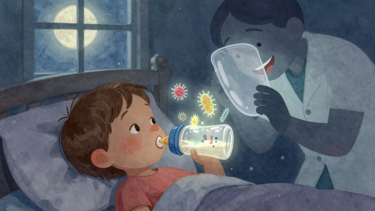 Dítě pije z láhve v posteli, zatímco bakterie poškozují jeho zuby v noci.