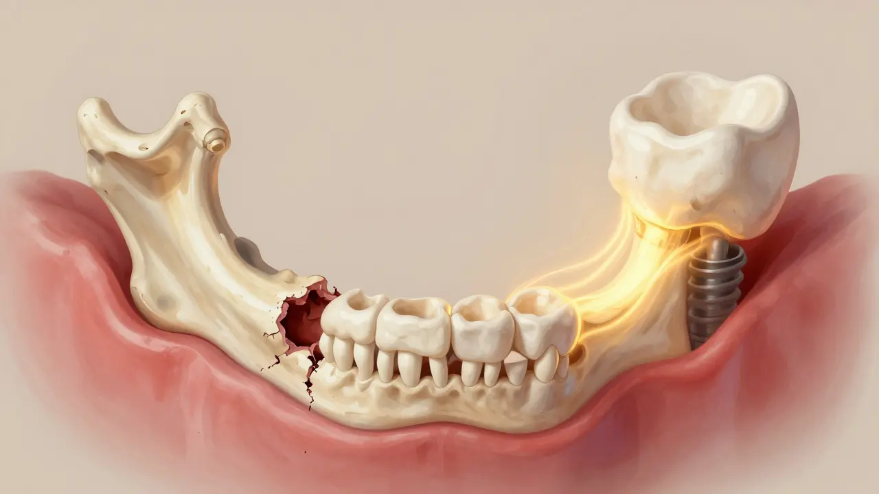 Hojení čelisti: od poškozené dásně k úplnému zacelení s implantací.