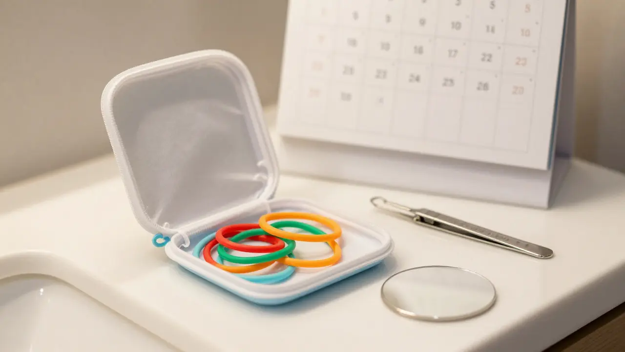 Kapesní taštička s náhradními gumičkami a malým zrcátkem na koupelně.