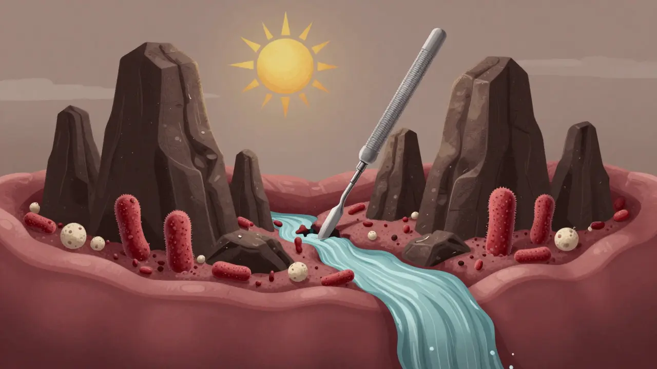 Koncepční ilustrace zubního kamene jako skalních útvarů v ústech