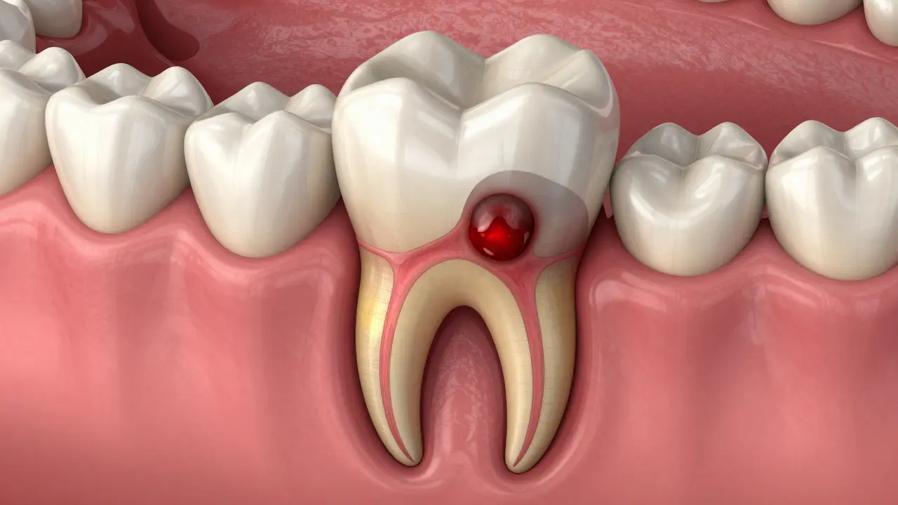 Křížový řez předního zubu s viditelným zánětem a ztrátou kosti kolem kořene.