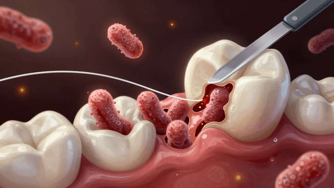 Mikroskopický pohled na bakterie a plak mezi zuby.