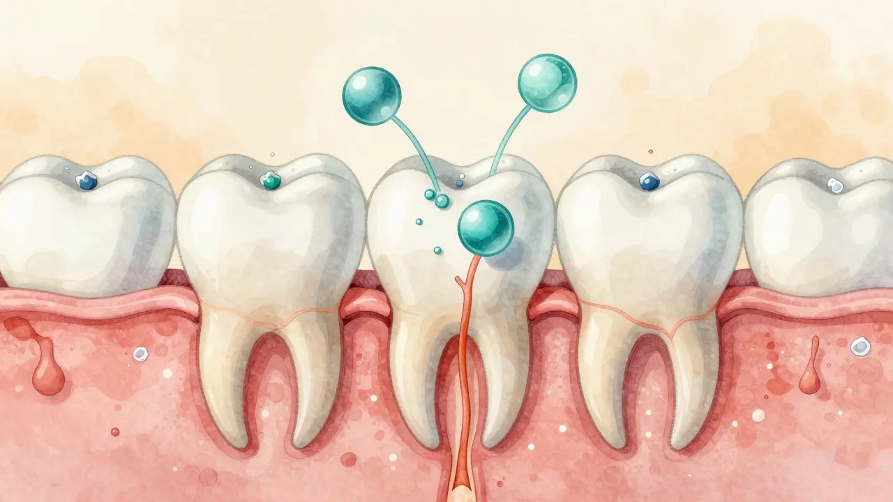 Mikroskopický řez zubem s otevřenými kanálky a blokujícími částicemi, znázorňující účinek pasty na citlivé zuby.