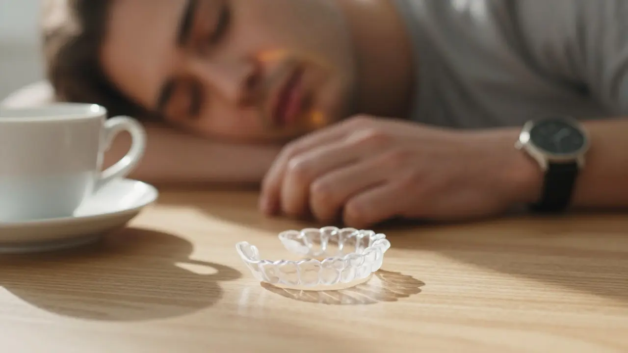 Neviditelná rovnátka na stole s kávou a hodinkami, symbolizující klidnější spánek a méně bolesti.