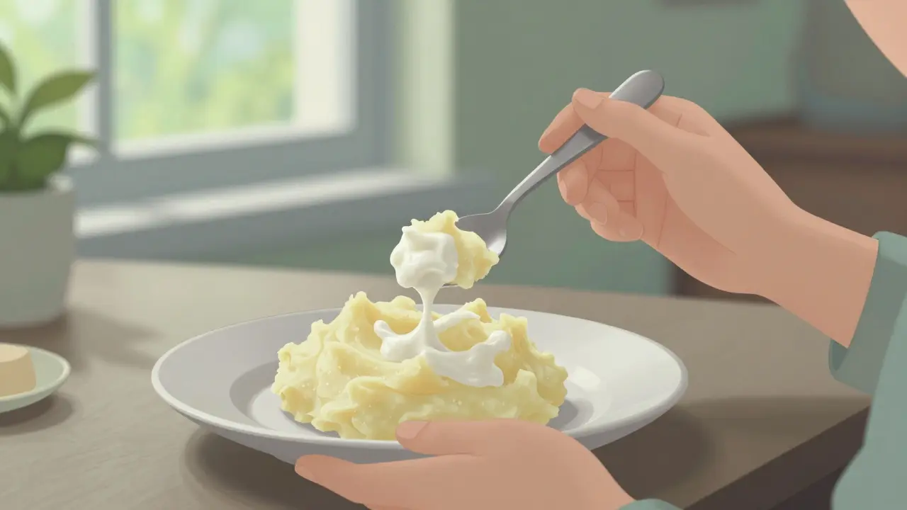 Osoba jí měkké chladné potraviny jako jogurt a vařené brambory po kyretáži.