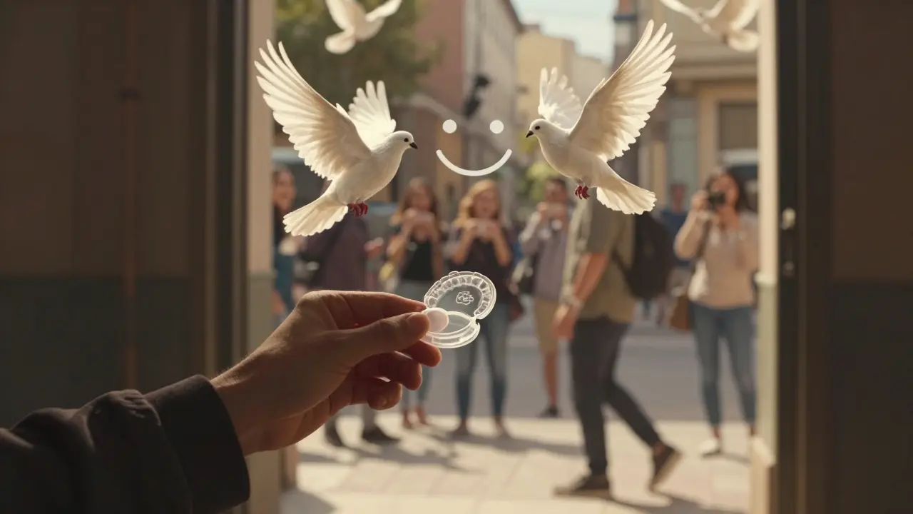 Osoba kročí ze stínu do světla, z jejích rukou vylétávají holuby tvořící úsměv.