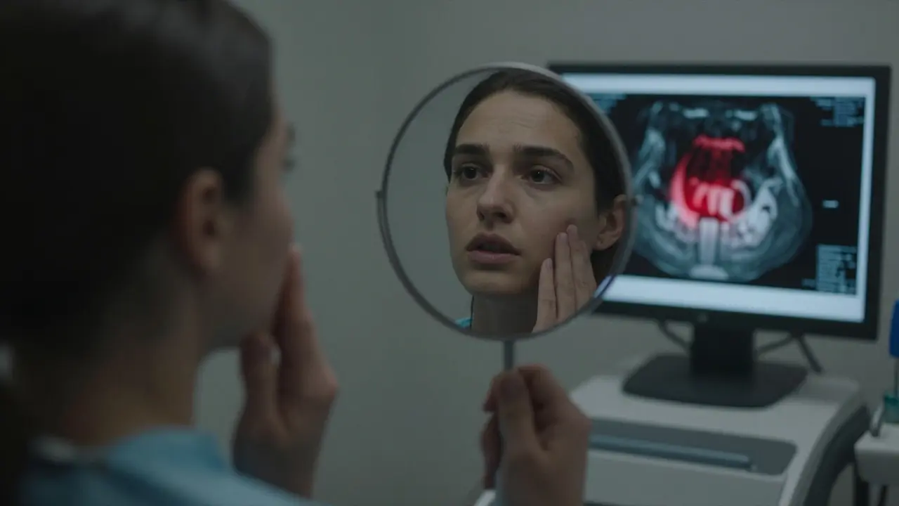 Pacient hledí do zrcadla, v odrazu je vidět skrytá prasklina v zubu.