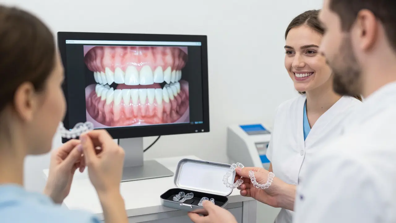 Pacient odstraňuje průhledná rovnátka v ortodontické klinice v Praze.