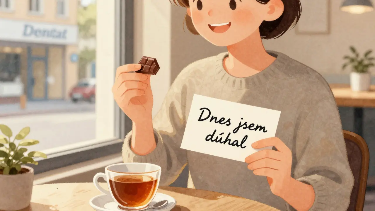 Pacient po návštěvě zubaře pije čaj a drží zápisek, v pozadí je kavárna a sluneční světlo.