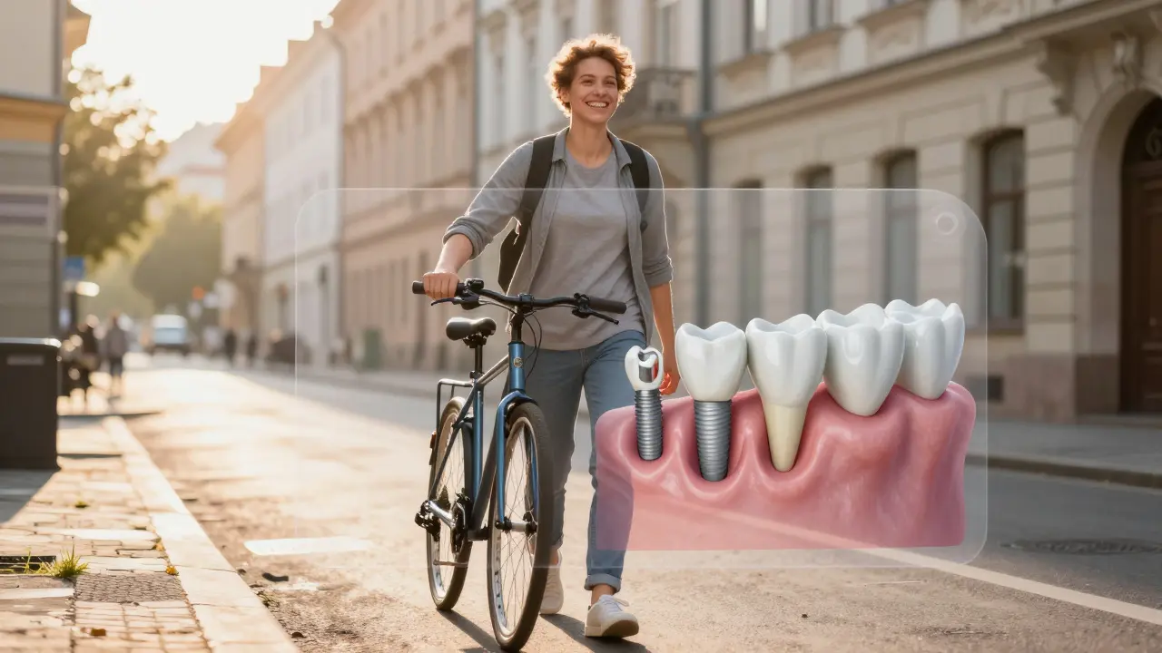 Pacient s novými zuby jízdní kolo z kliniky, symbolizující rychlou rekonstrukci a návrat k normálnímu životu.