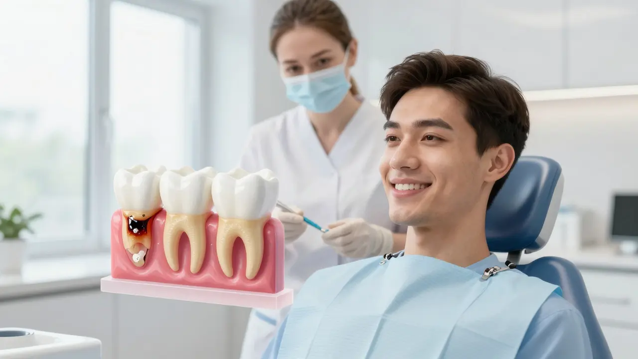 Pacient se usmívá v klinice, zatímco hygienistka jeho zuby políruje.