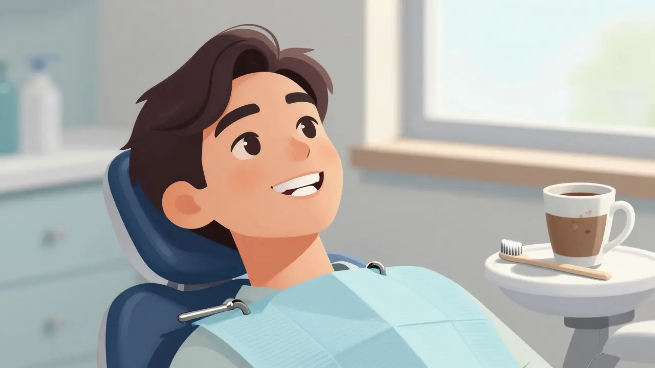 Pacient se usmívá v zubní klinice s viditelnou bílou plombou a kávou na pozadí.