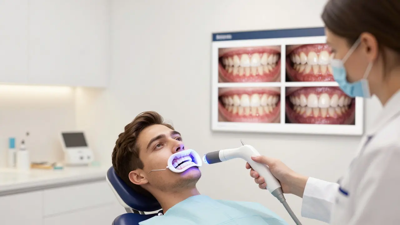 Pacient v zubní klinice s bělícími šablonami, dentistka s přístrojem, bez textů a čísel.