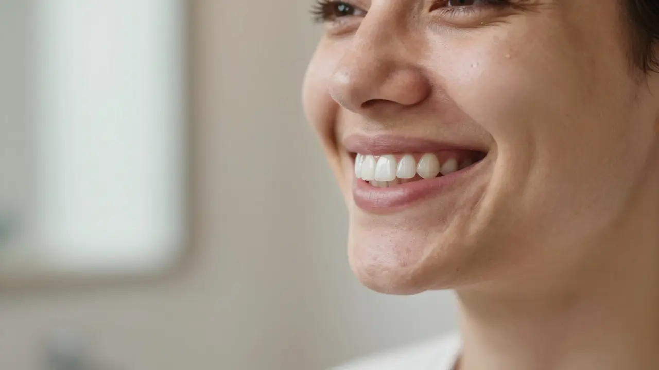 Person smiling in mirror as faded image of damaged teeth disappears, symbolizing transformation.
