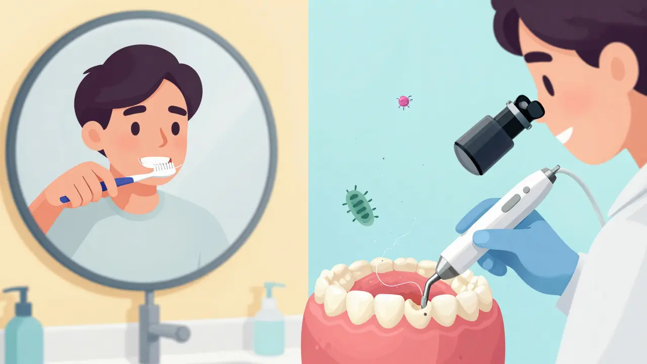 Porovnání domácího čištění zubů a profesionální hygieny v jedné scéně.