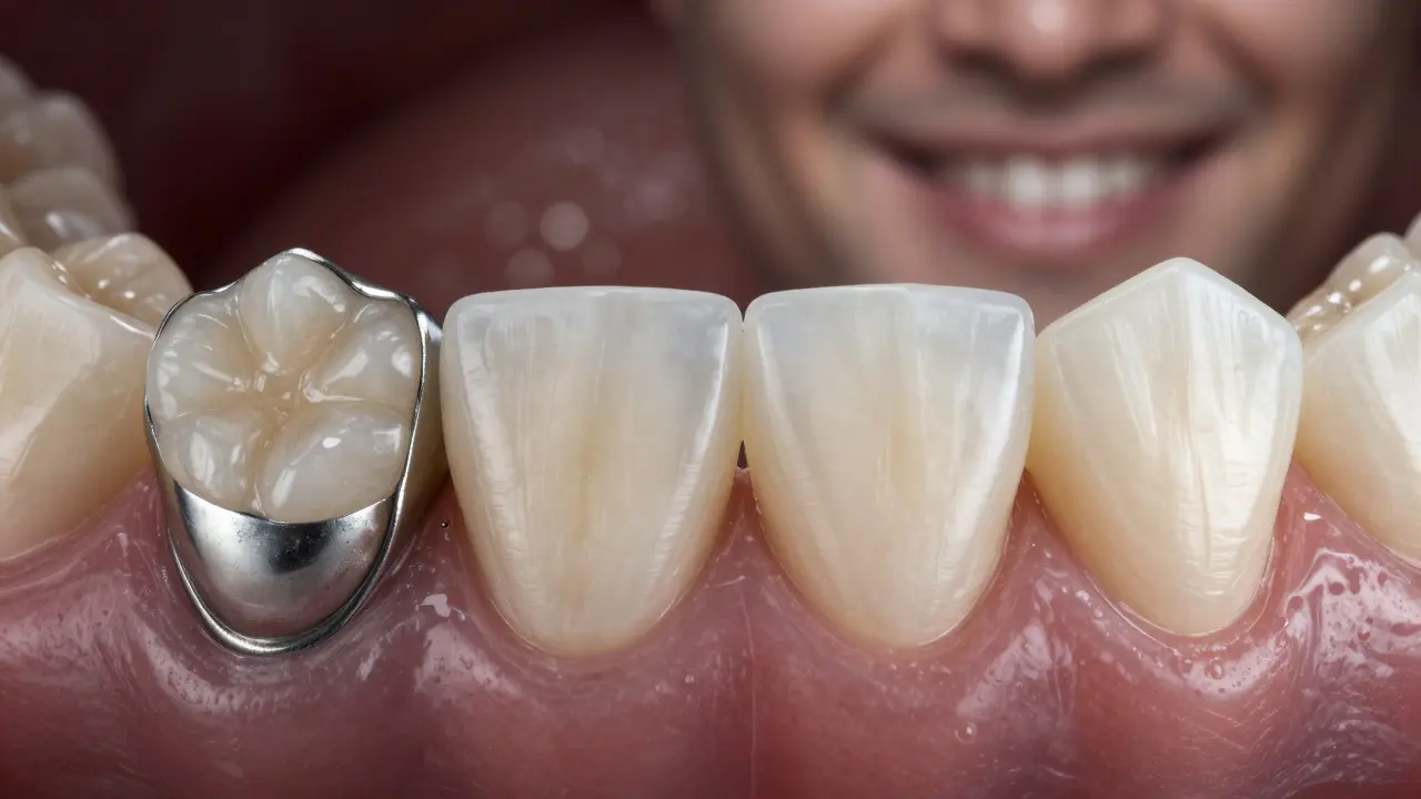 Porovnání staré kovové korunky s moderní celokeramickou korunkou, která vypadá jako přirozený zub.