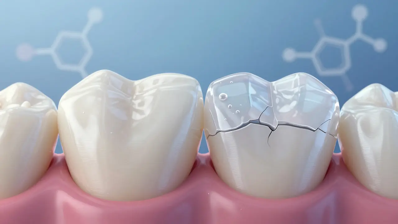 Přiblížení na přirozený zub pod poškozenou plastovou náhradou s viditelným poškozením sklovin.