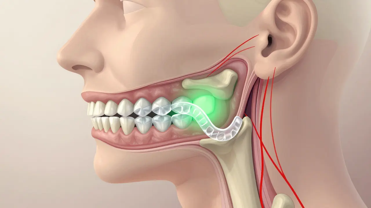 Průřez temporomandibulárního kloubu s přesunem zubů pomocí rovnátek a uvolněním napětí.
