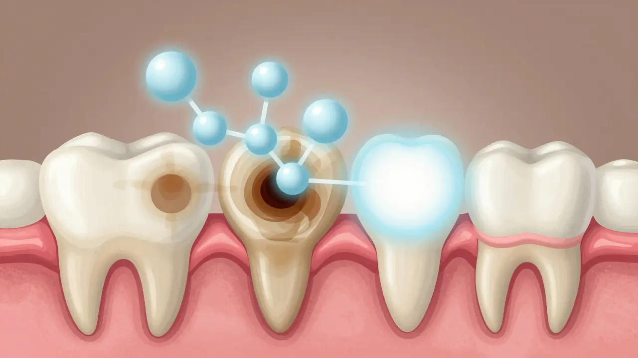 Průřez zubu ukazující chemický rozklad pigmentů peroxidem vodíku ve sklovine.