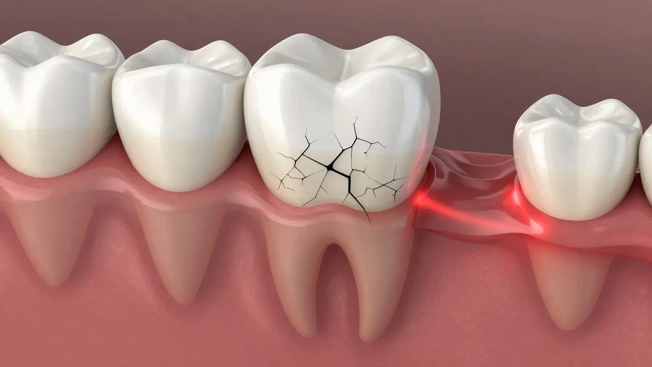 Průřez zubu ukazující mikrotrhliny v plombě a káv pod ní.