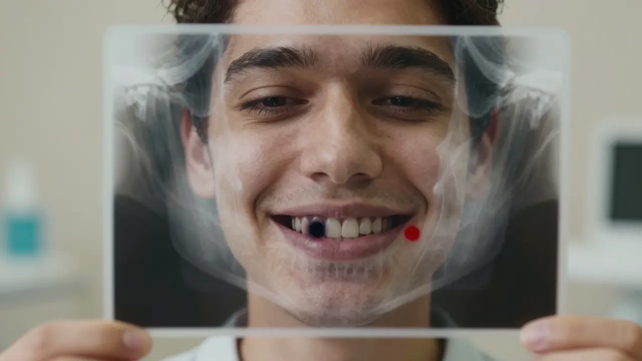 Rentgenový snímek zubu překrytý na obličeji, tmavá oblast u kořene ukazuje infekci.