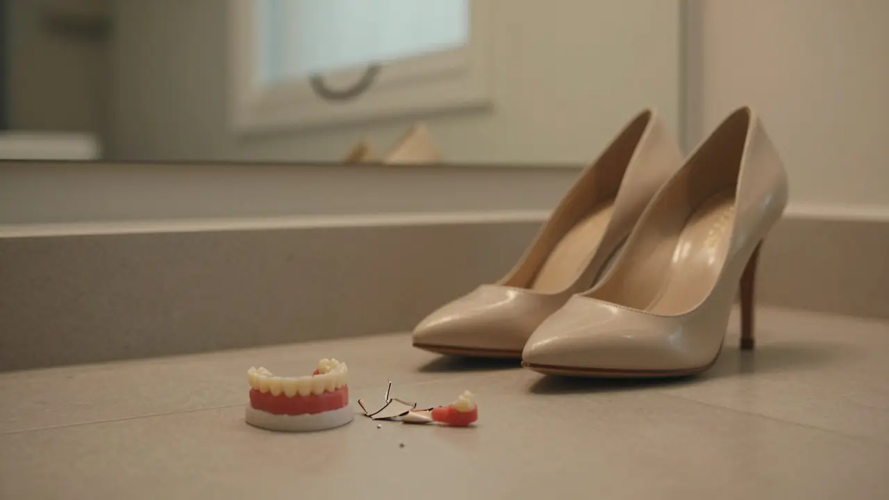 Rozbité nalepovací zuby leží na podlaze vedle párky vysokých šatů, symbolizující psychologickou závislost.