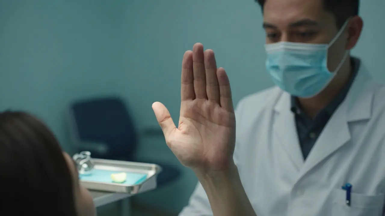 Ruka pacienta signalizuje pauzu u zubaře, lékař zastavil a dívá se s pozorností, atmosféra je klidná.