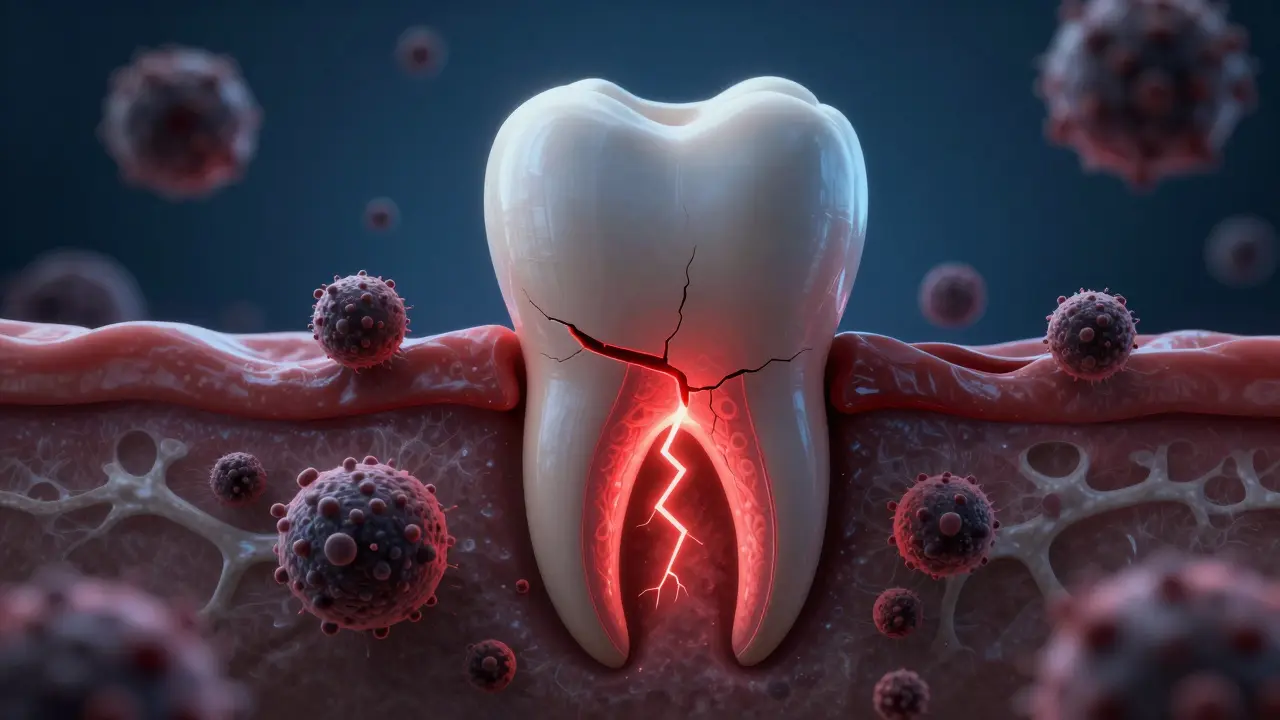 Schematic znázornění praskliny v kořeni zubu s infekčními bakteriemi a rozpadající se kostí.
