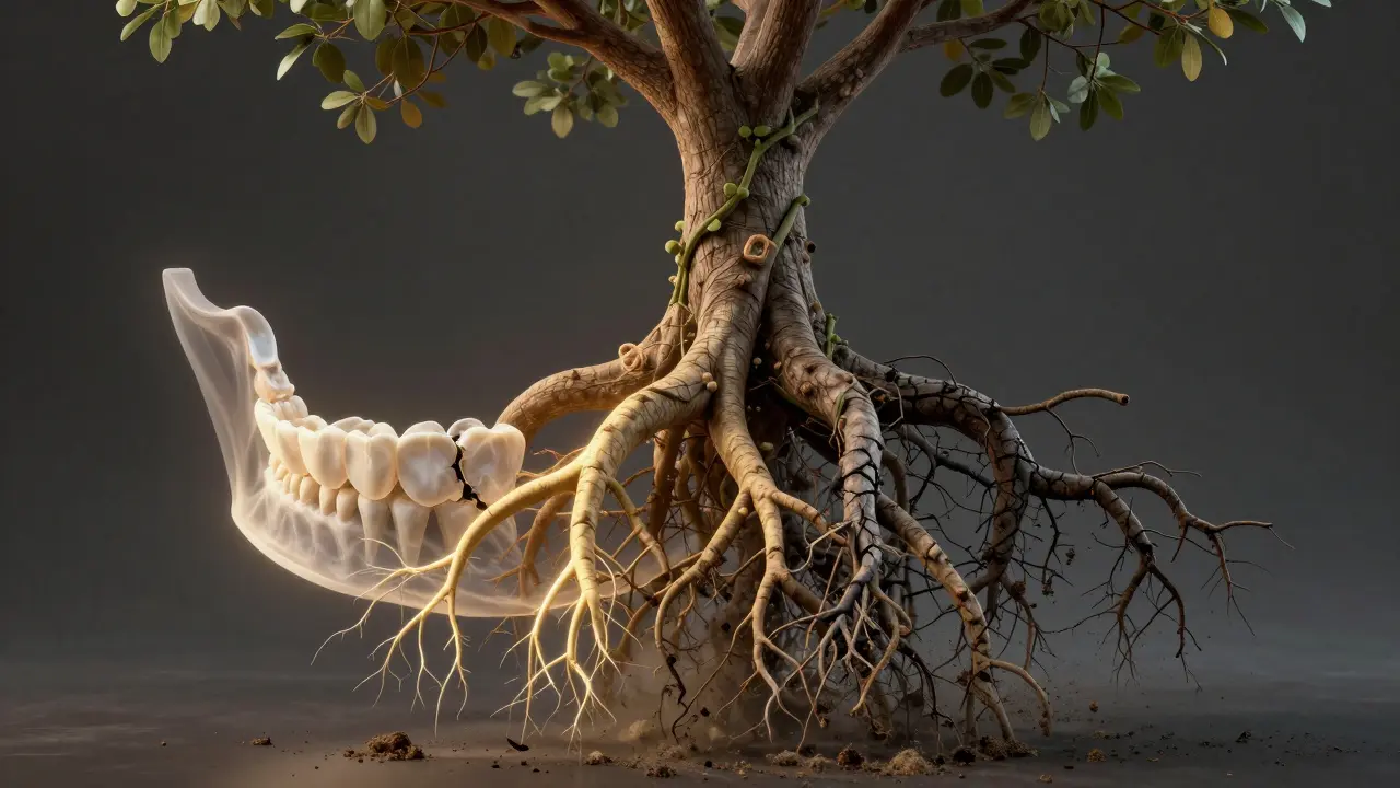 Symbolický obraz ztráty kosti kolem zubů kvůli zanedbané dentální hygieně.