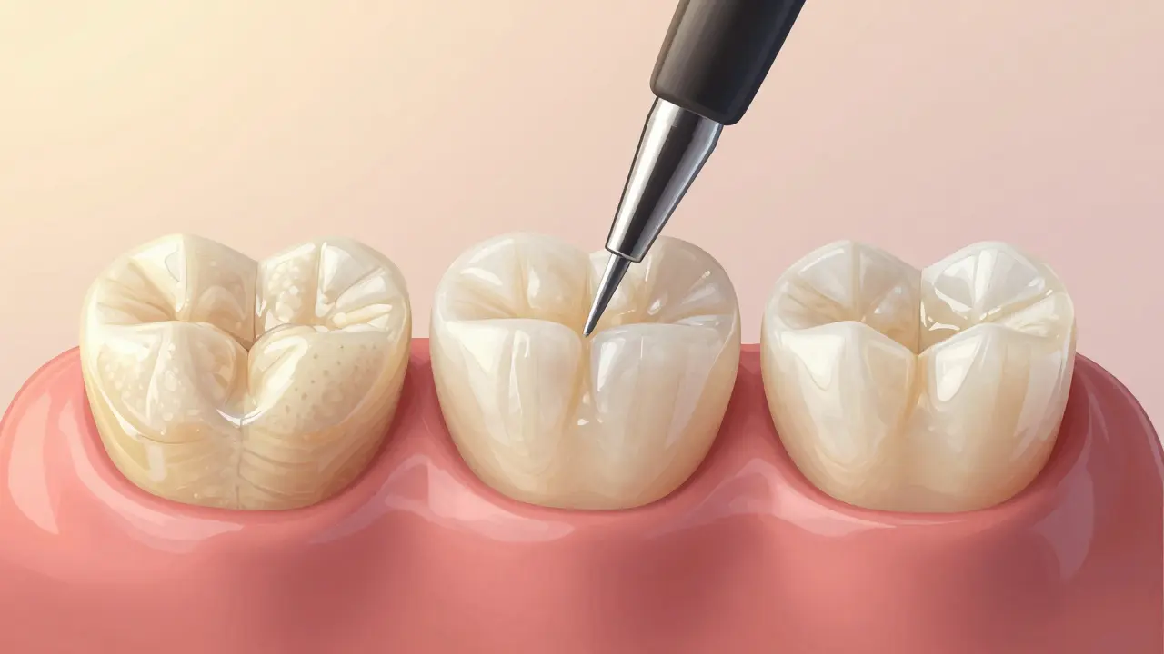 Three composite veneers at different stages of application on a dental model.