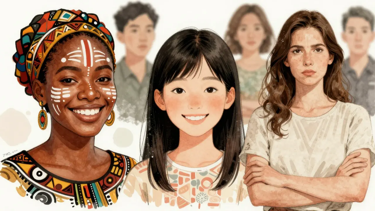 Tři kultury: nigerijská, japonská a česká žena s mezera mezi zuby, symbolická ilustrace přijetí rozdílů.